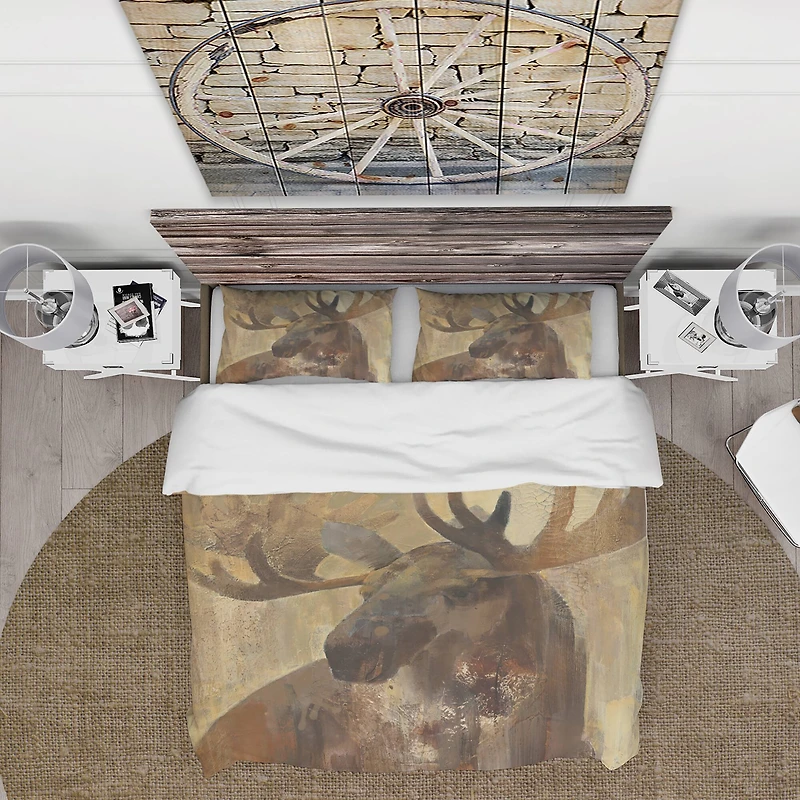 Designart 'Into the Wild Gold Moose' Farmhouse Bedding Set