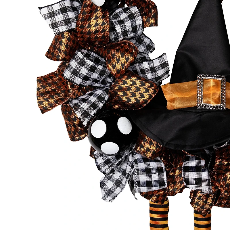 24'' Unlit Orange and Black Witch with Bows Halloween Wreath