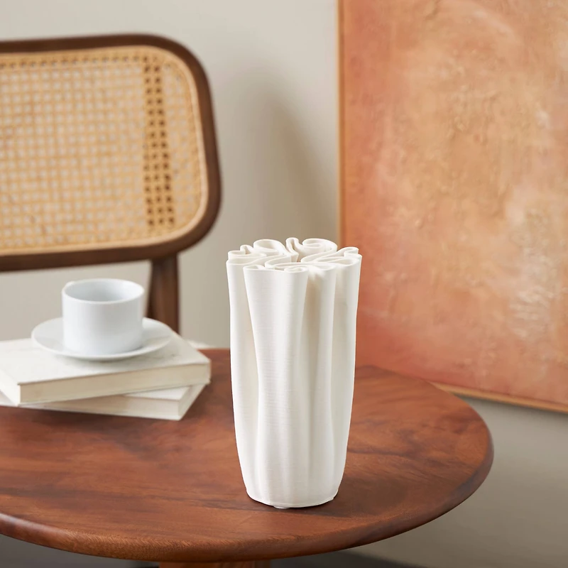 White Ceramic Abstract Ribbed Dimensional Folded Vase with Compact Wavy Rim