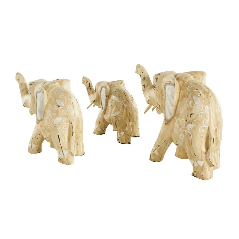 Light Brown Wood Elephant Handmade Sculpture Set, 3ct.