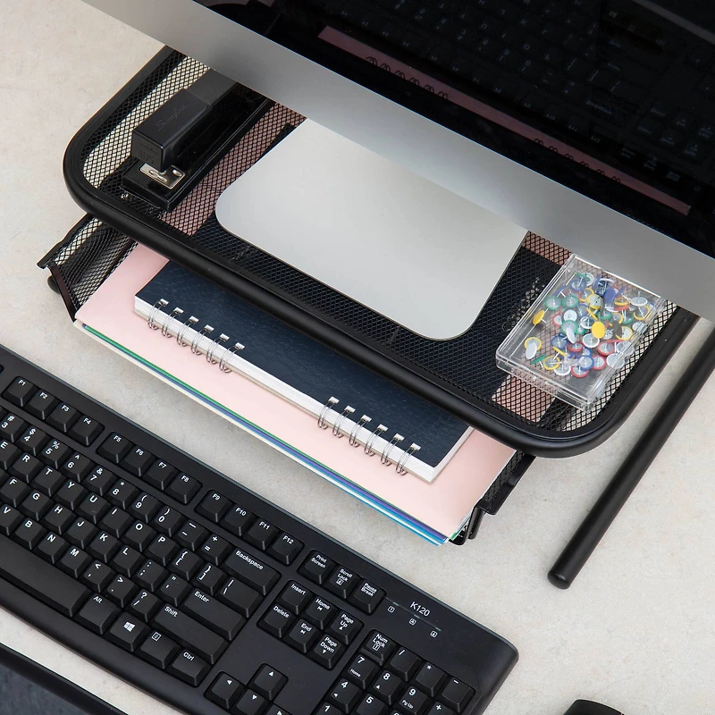 Mind Reader Black Metal Mesh Monitor Stand & Desk Organizer With Storage Drawer