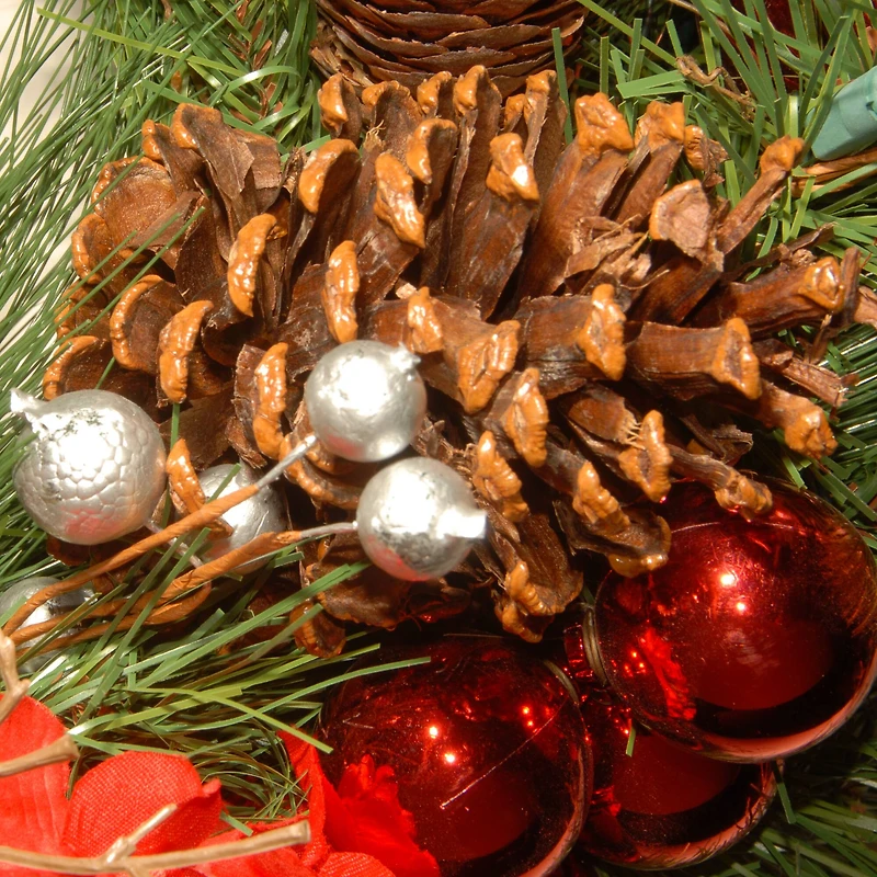 24" Decorative Collection Hydrangea Wreath with Cones, Red Berries & 50ct. Soft White Battery Operated LED Lights with Timer