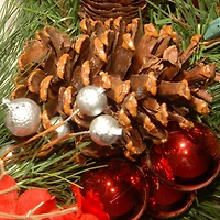 24" Decorative Collection Hydrangea Wreath with Cones, Red Berries & 50ct. Soft White Battery Operated LED Lights with Timer