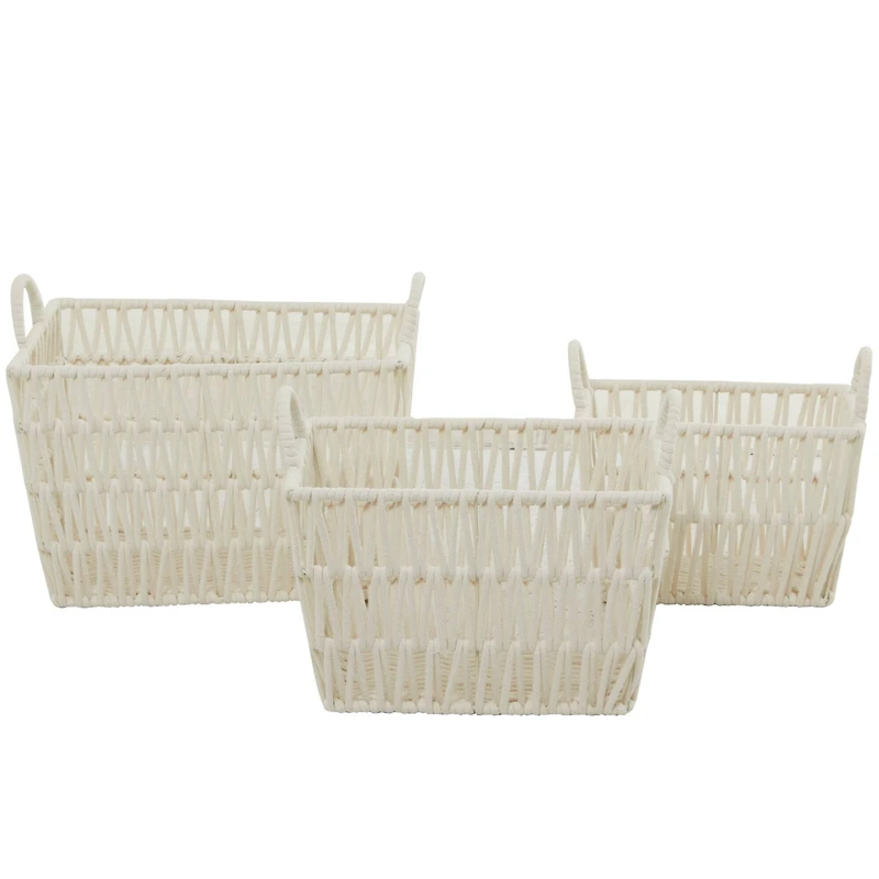 White Cotton Handmade Storage Basket with Handles Set of 3 12", 11", 10"