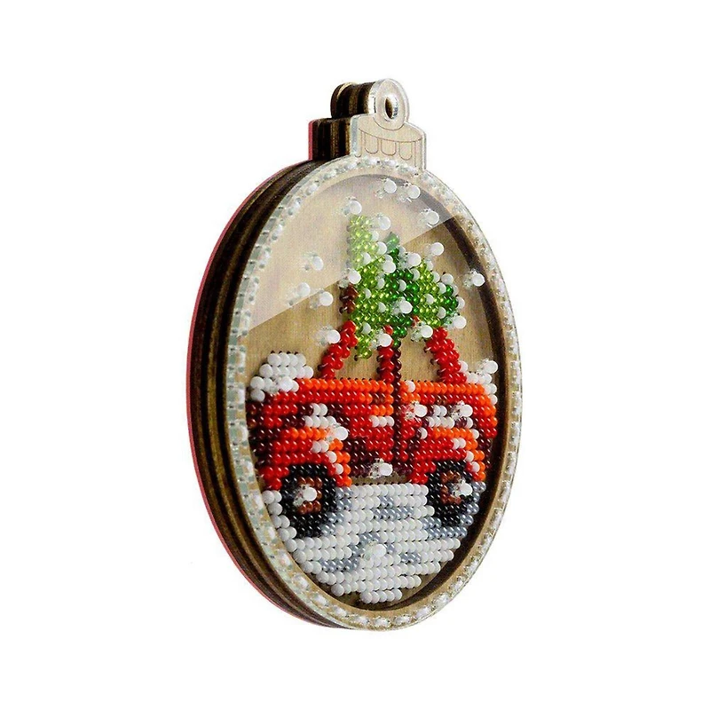 Wonderland Crafts Car with Christmas Tree Bead Embroidery on Wood Ornament Kit