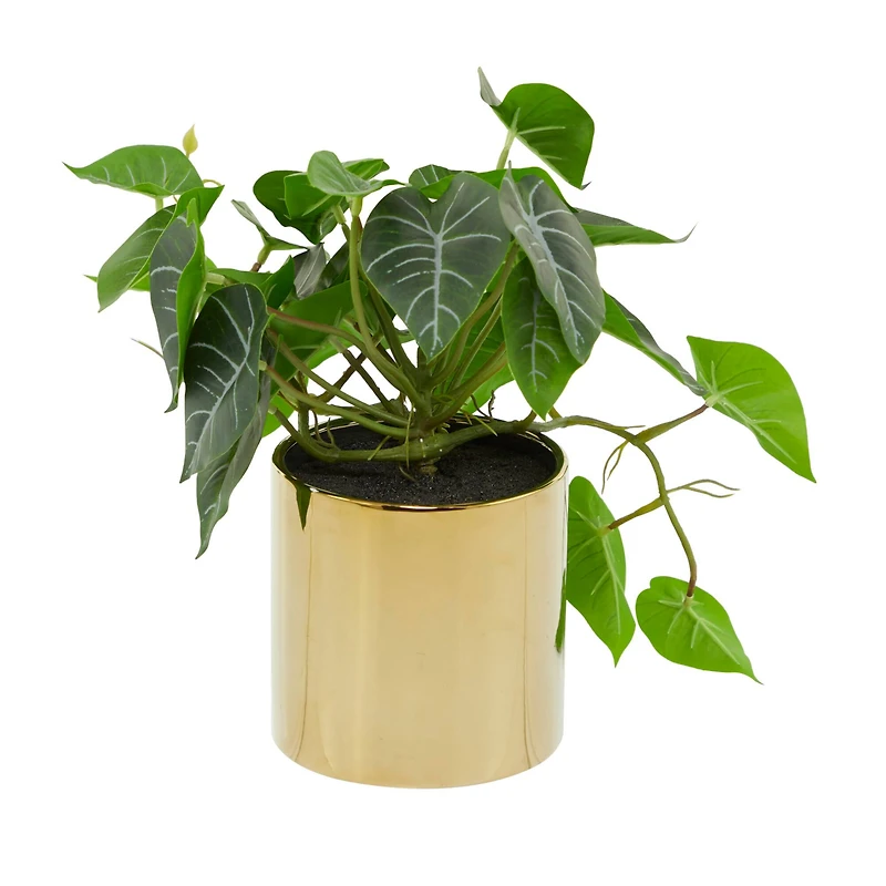 The Novogratz 14" Green Faux Foliage Pothos Artificial Plant With Gold Porcelain Pot