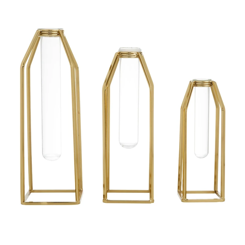 CosmoLiving by Cosmopolitan Set of 3 Gold Stainless Steel Glam Vase, 13" x 5" x 5"