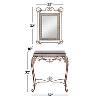 Set of 2" Bronze Metal Traditional Console Table with Mirror, 32" x 23"