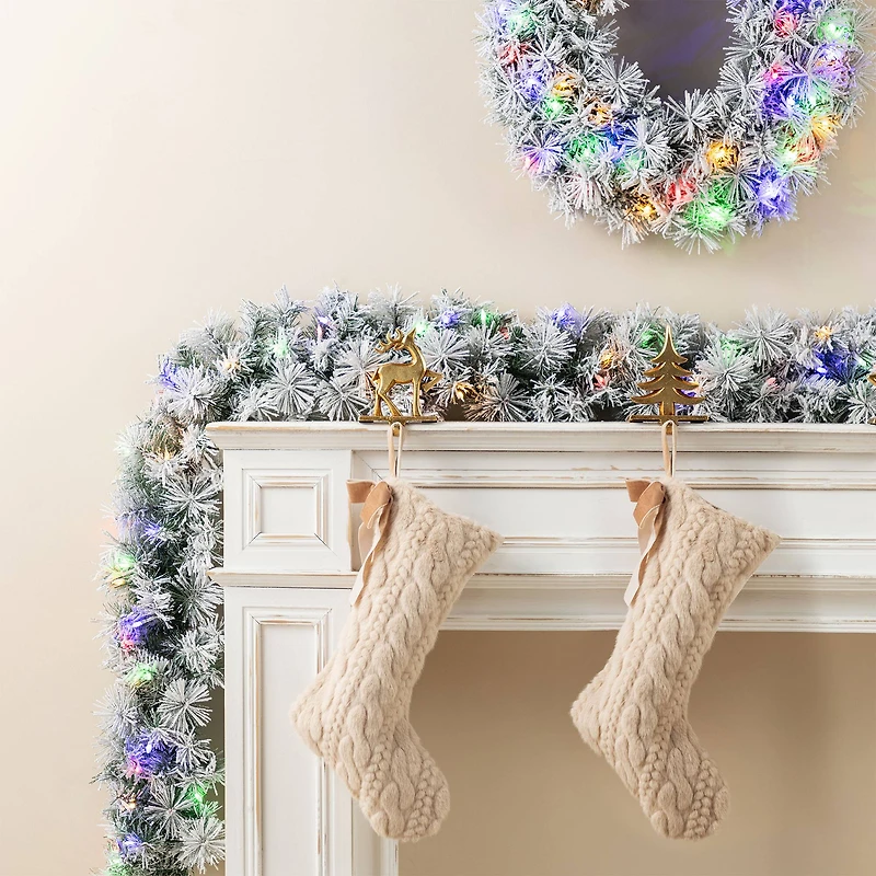 Glitzhome® 9ft Pre-Lit Snow Flocked Greenery Pine Christmas Garland with Timer