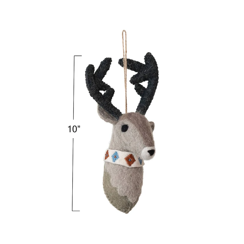 Hello Honey® 10" Handmade Wool Felt Reindeer Head Ornament with Embroidery