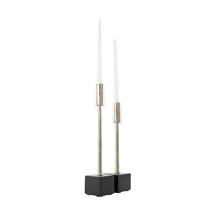 Silver Aluminum Slim Candle Holder with Black Block Base Set