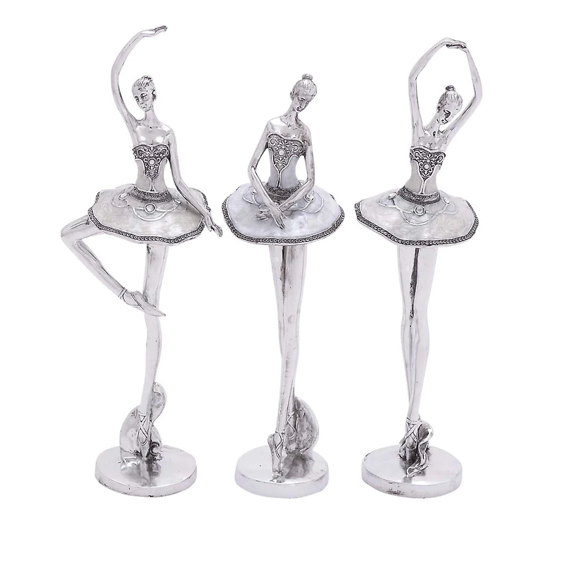 Set of 3 Silver Polystone Modern Dancer Sculpture, 18", 18", 16"