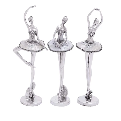 Set of 3 Silver Polystone Modern Dancer Sculpture, 18", 18", 16"