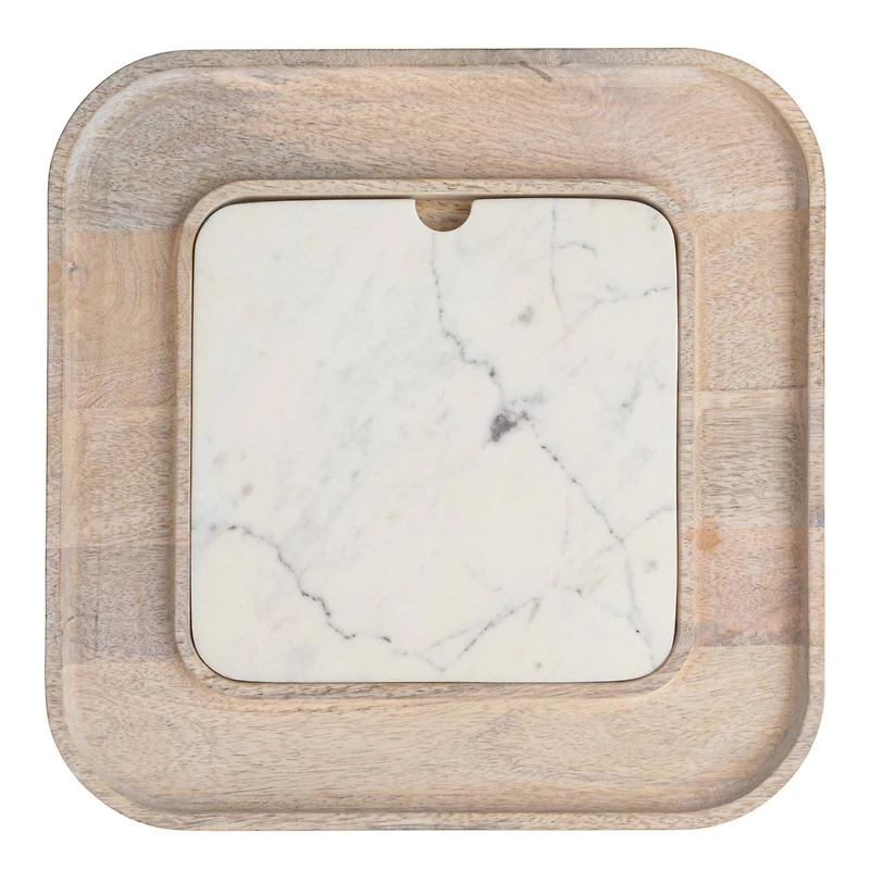Hello Honey® 13.5" White Marble & Wood Cutting Board on a Dish