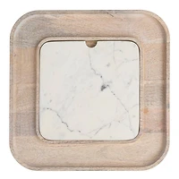 Hello Honey® 13.5" White Marble & Wood Cutting Board on a Dish