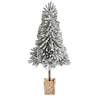5ft. Pre-Lit Winter Flocked Leaning Artificial Christmas Tree in Decorative Planter, White LED Lights