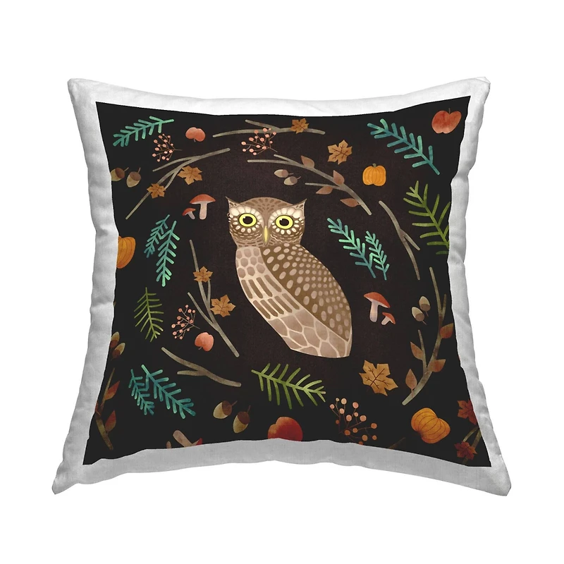 Stupell Industries Brown Owl Various Autumn Plants Throw Pillow