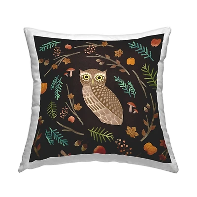 Stupell Industries Brown Owl Various Autumn Plants Throw Pillow