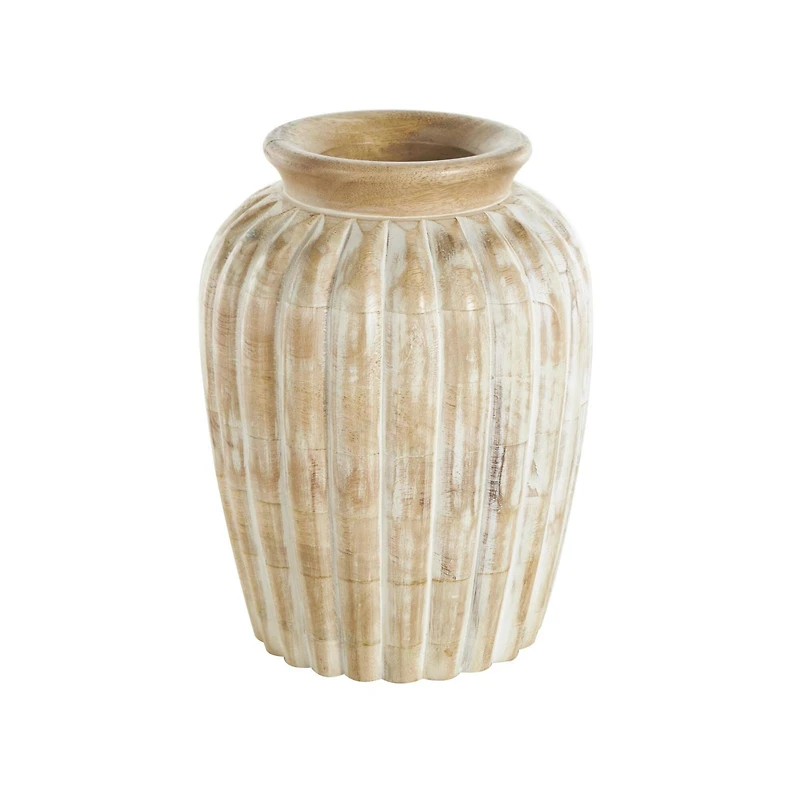 11" Light Brown Mango Wood Distressed Vase with Carved Ridges