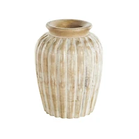 11" Light Brown Mango Wood Distressed Vase with Carved Ridges