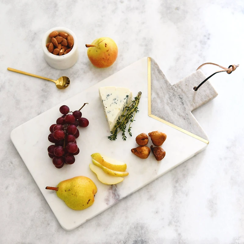 Hello Honey® 16" Gray and White Boho 2-Tone Marble Charcuterie or Cutting Board with Brass Inlay and Leather Tie