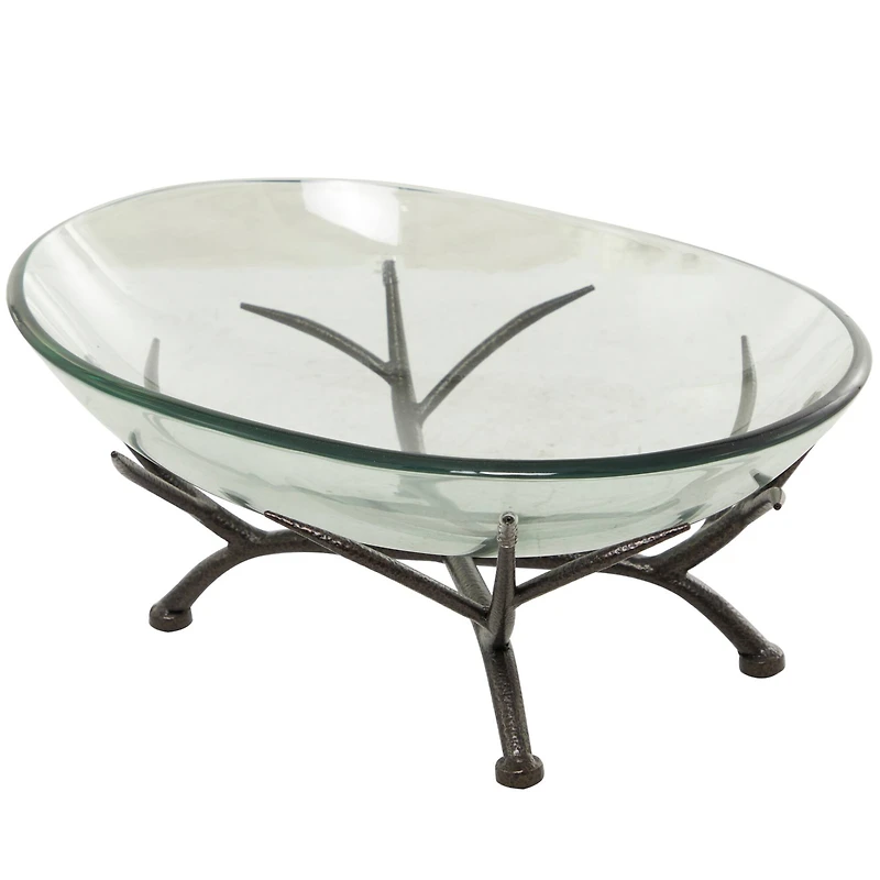 17" Kitchen Glass Serving Bowl with Black Metal Branch Stand