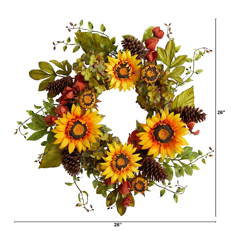 26" Hydrangea, Sunflower & Pinecones Artificial Autumn Wreath