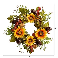 26" Hydrangea, Sunflower & Pinecones Artificial Autumn Wreath