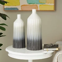 Dark Gray Ceramic Dimensional Textured Ombre Vase with Cream Accent Set