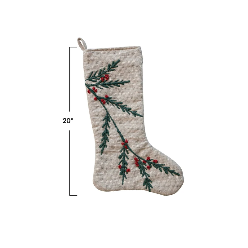 Hello Honey® 20" Natural White, Green & Red Woven Cotton & Jute Stocking with Embroidered Holly & Berries