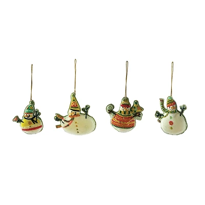 Hello Honey® 4 Pack Glass Bead Embroidered Snowman Cotton Velvet Ornaments