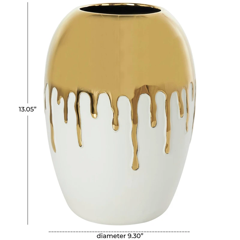 CosmoLiving by Cosmopolitan 13" White Ceramic Vase with Abstract Gold Melting Drips