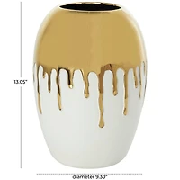 CosmoLiving by Cosmopolitan 13" White Ceramic Vase with Abstract Gold Melting Drips