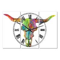 Designart Longhorn Rainbow Skull Oversized Modern 3 Panel Wall Clock