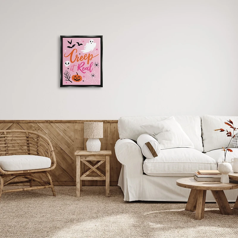 Stupell Industries Creep It Real Pink Halloween Phrase Framed Floater Canvas Wall Art