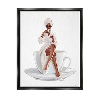 Stupell Industries Chic Coffee Teacup Woman Sipping Robe Sunglasses Framed Floater Canvas Wall Art