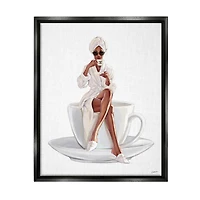 Stupell Industries Chic Coffee Teacup Woman Sipping Robe Sunglasses Framed Floater Canvas Wall Art