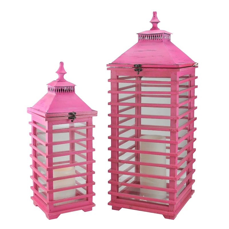 L'Eau de Fleur Distressed Pink Fir Wood Candle Lantern Set, 21" & 28"