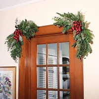 24" Mixed Pine, Leaves & Pinecone Corner Swags with Red Buffalo Check Bows, 2ct.