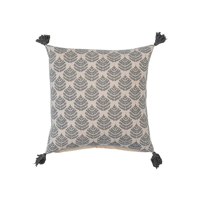 Hello Honey® 18" Gray & Gold Leaf Pattern Cotton Pillow with Tassels