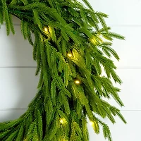 24in. Pre-Lit Artificial Real Touch Norfolk Island Pine Wreath with 50 Warm White LED Lights and Natural Look