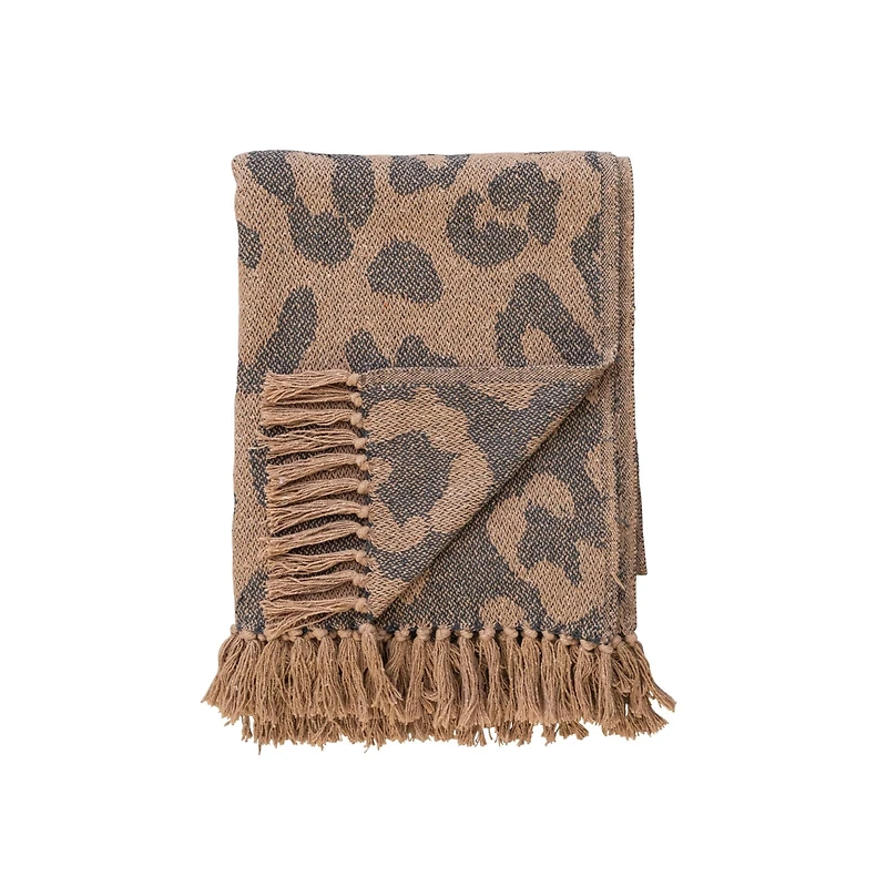 Hello Honey® Black & Tan Leopard Print Woven Recycled Cotton Blend Throw with Fringe
