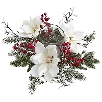 17" Frosted Magnolia & Berry Artificial Arrangement Candelabrum