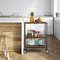 Rustic Brown Wood Kitchen Carts 3-Tier Rolling Rack with 10 Hooks