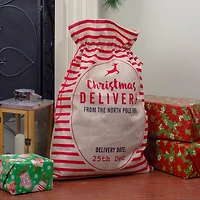 27" Beige & Red Striped Christmas Delivery Tie Gift Bag