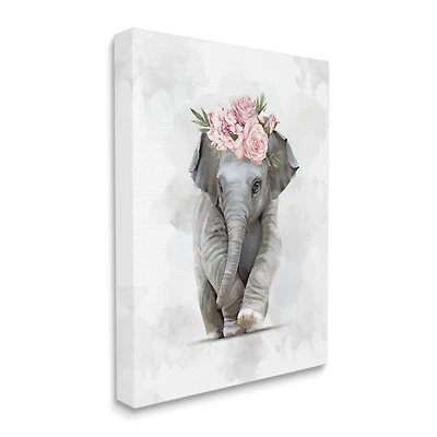 Stupell Industries Adorable Baby Elephant in Eye-Catching Flower Crown Canvas Wall Art