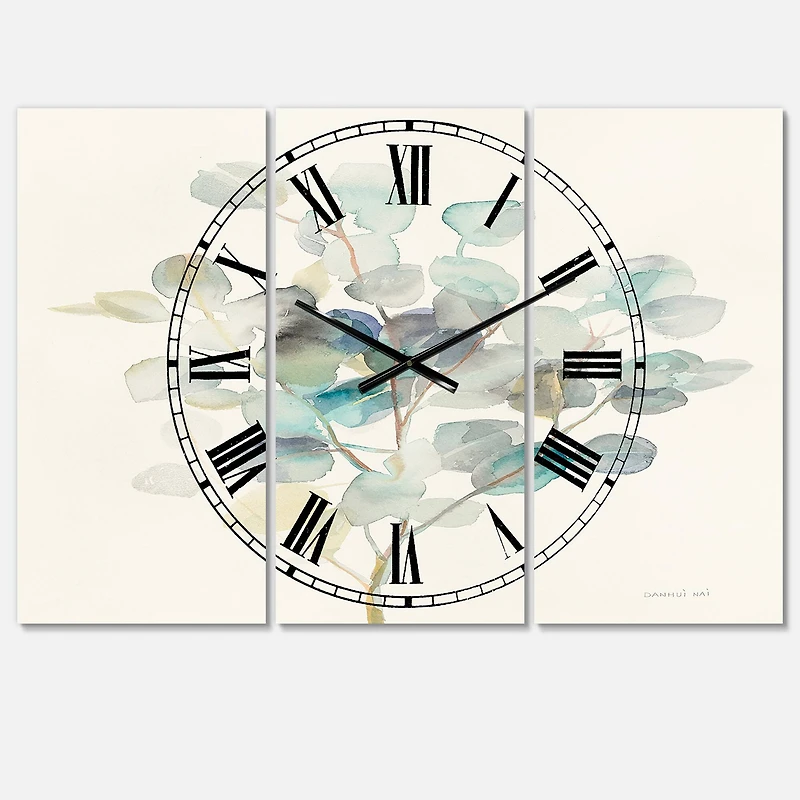 Designart Eucalyptus Leaves Traditional 3 Panel Wall Clock