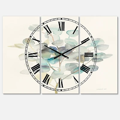 Designart Eucalyptus Leaves Traditional 3 Panel Wall Clock