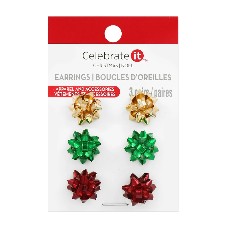 Gold, Green & Red Gift Bow Earring Set by Celebrate It™