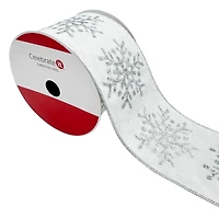 3.5" x 15ft. White & Silver Glitter Snowflakes Wired Velvet Ribbon by Celebrate It®
